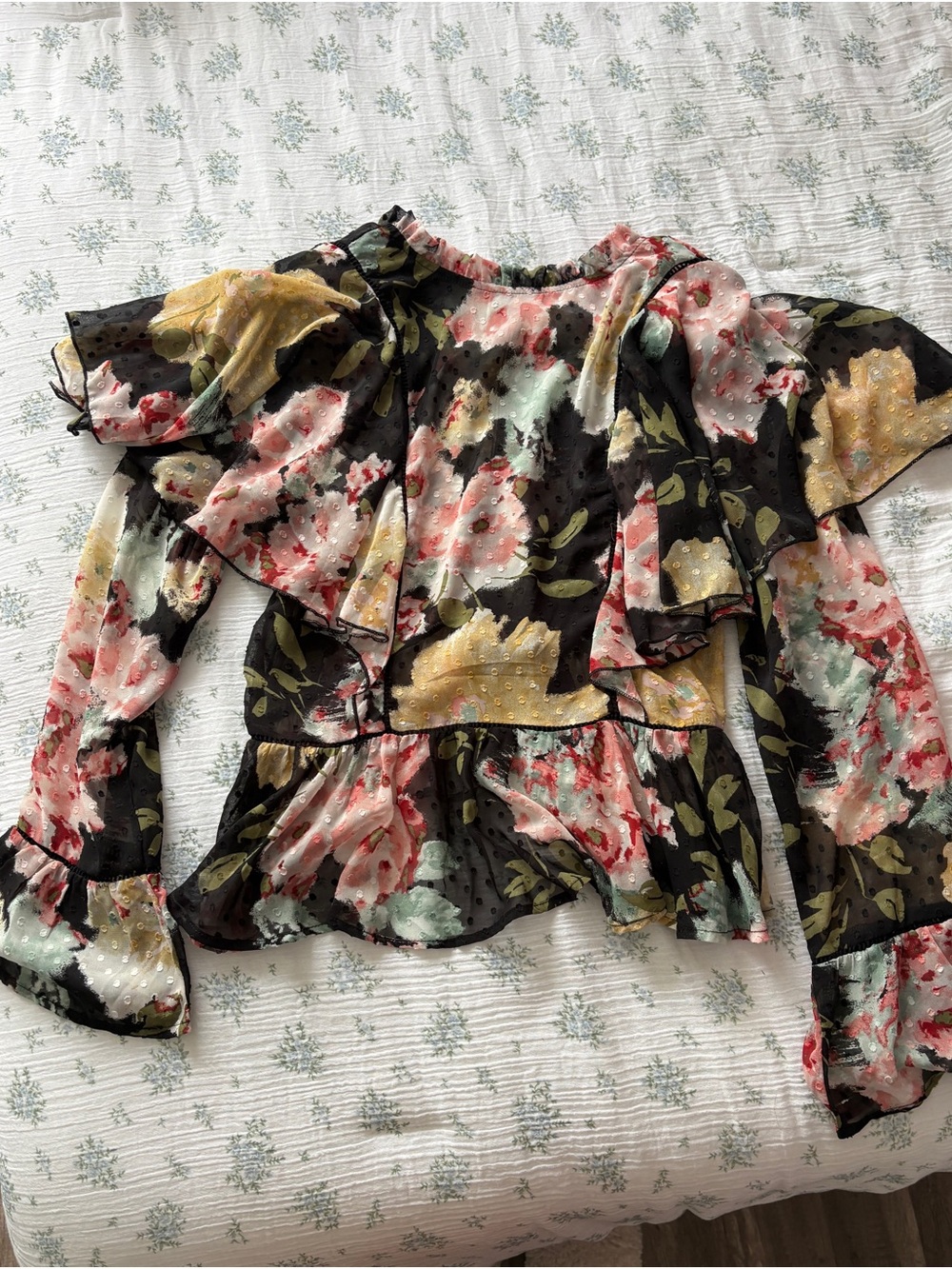 Buckle Floral Ruffle Peplum Blouse - Black with Pink, Yellow & Mint Flowers